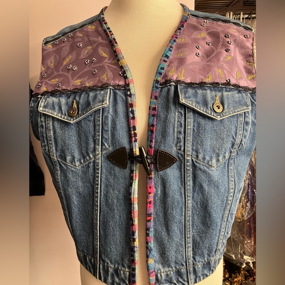 Women’s Hand Sewn Upcycled Denim Vest, Large, Multicolored, Sustainable Fashion - Picture 2 of 9